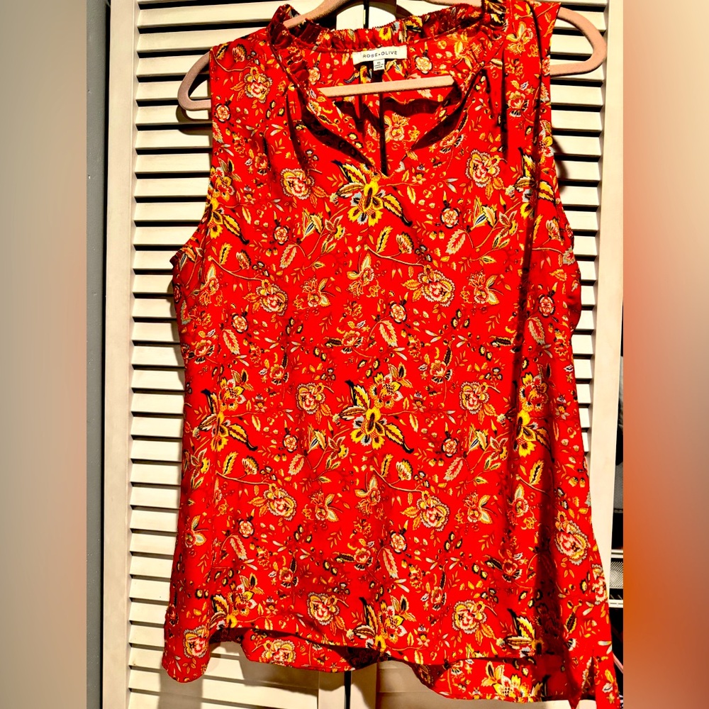 Floral Bright Orange Sleeveless Top Rose + Olive